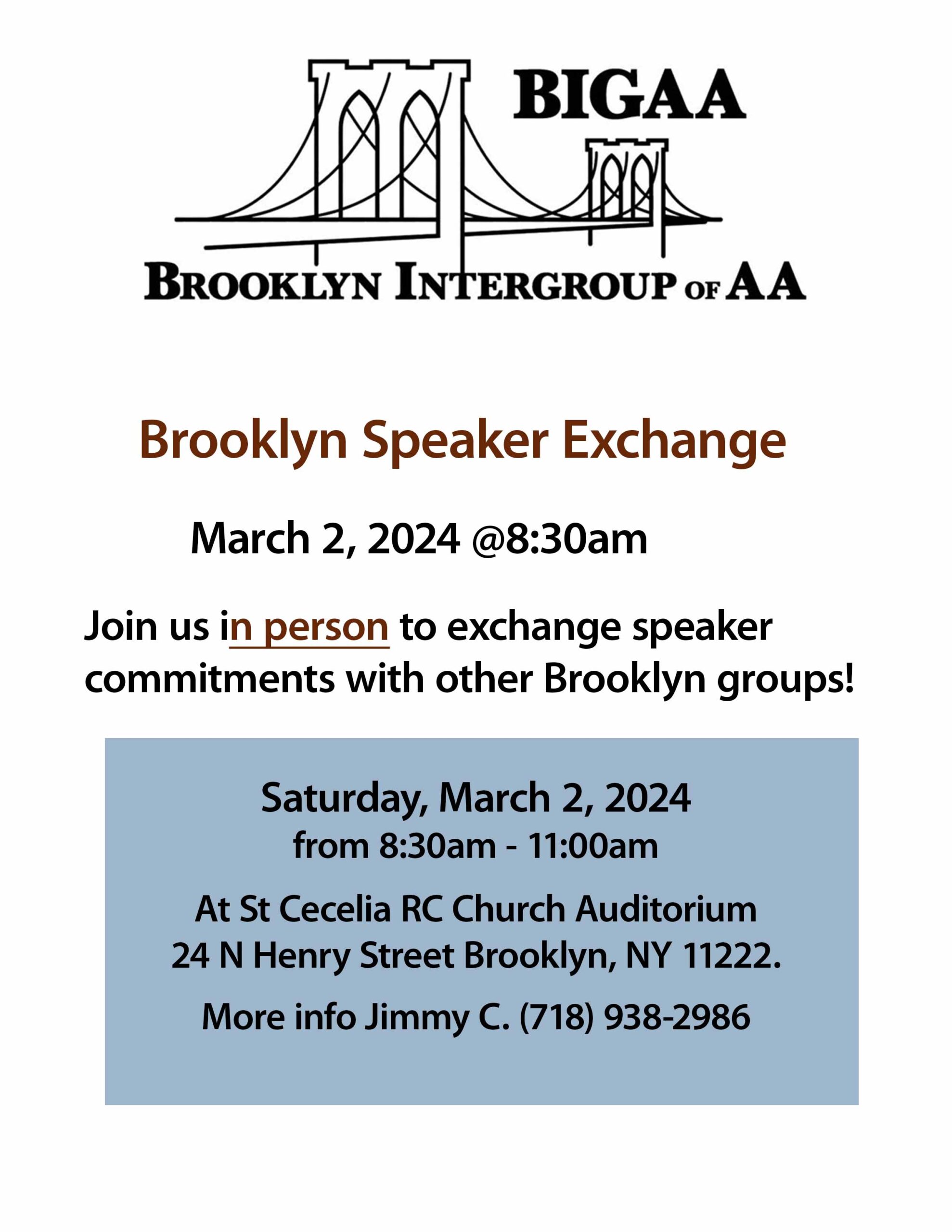 Brooklyn Speaker Exchange @ St Cecelia RC Church Auditorium