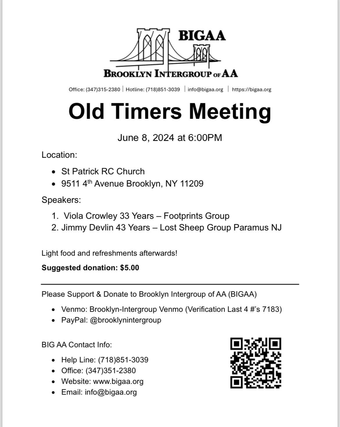 Old Timer's Meeting Sponsored by Brooklyn InterGroup @ St Patrick RC Church